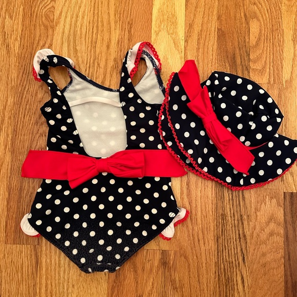 Navy & White Polka Dot 1 Piece Swimsuit Swim Hat Red Bow Size 2 Azul Swimwear 2t - Picture 2 of 9